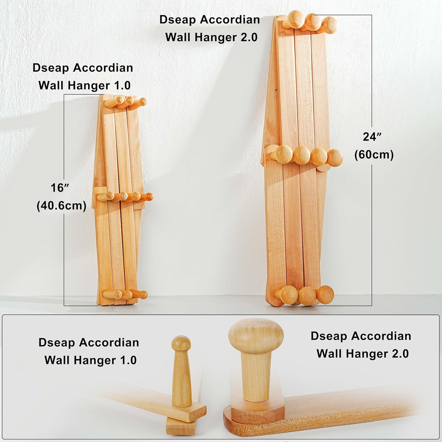 Dseap Expandable Coat Rack (Larger Version) - 24” High, Anti-Slip, Ultra Heavy Duty Wooden Accordian Wall Hanger with 10 Study Peg Hooks for Clothing Hats Jackets Bags, Natural