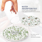 Table Coaster for Drinks Set of 6, Eucalyptus Leaf Flower Watercolor Round Ceramic Coasters,with Cork Base and Metal Holder,Great Housewarming Birthday Gifts,Home Decor