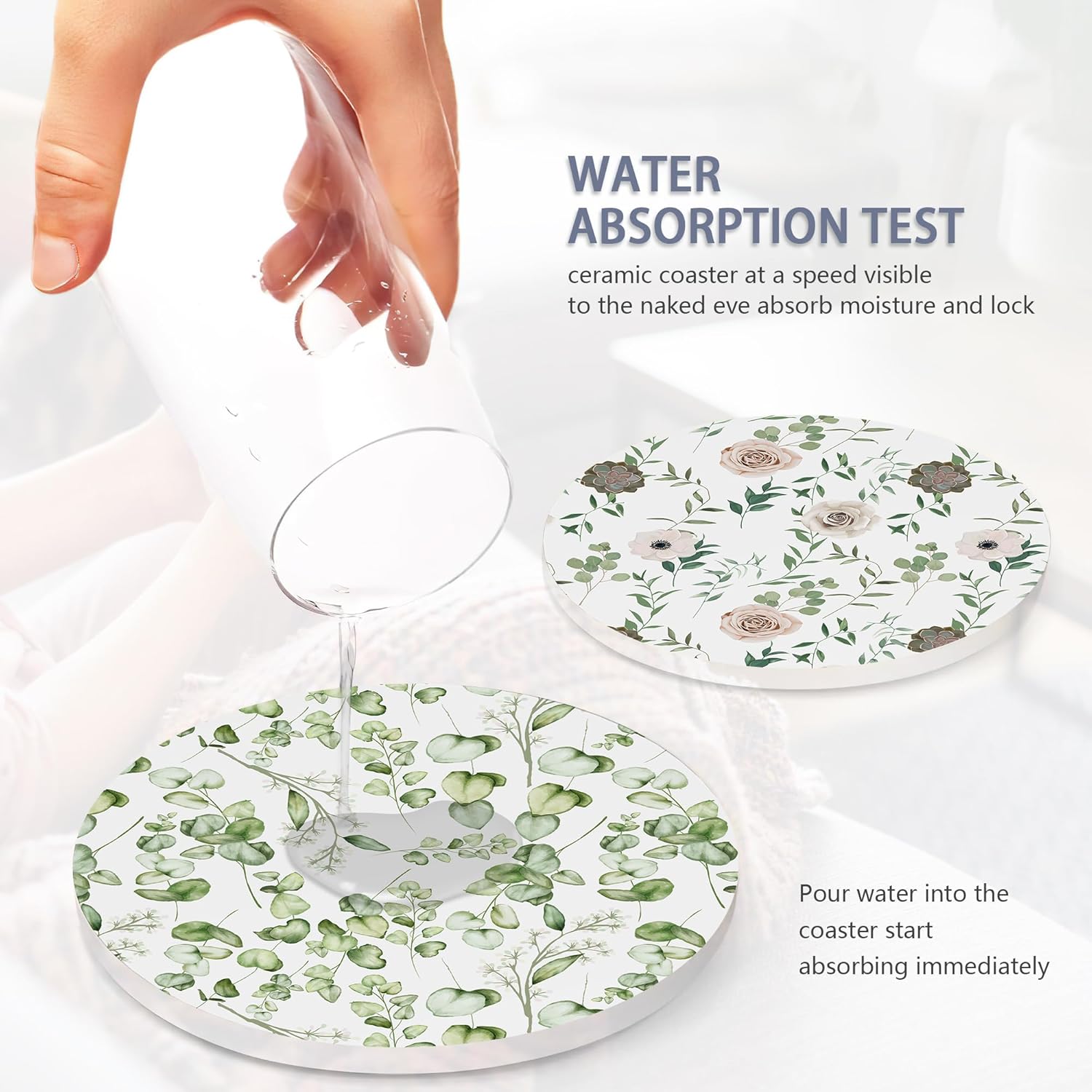 Table Coaster for Drinks Set of 6, Eucalyptus Leaf Flower Watercolor Round Ceramic Coasters,with Cork Base and Metal Holder,Great Housewarming Birthday Gifts,Home Decor