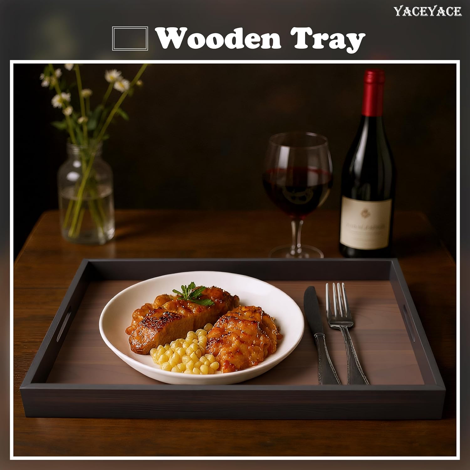 Wood Serving Tray with Handles,17"x12.5"x1.5" Large Serving Tray for Ottoman, Party, Dining, Coffe Table, Home Decor, Bathroom