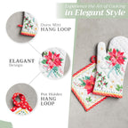 Maison d' Hermine 100% Cotton Oven Mitt & Pot Holder Set (7.5"x13" & 8"x8") Heat Resistant BBQ Cooking Gloves with Loop, Baking, Grilling, Kitchen, Handling Hot Pans (Poinsettia Christmas)