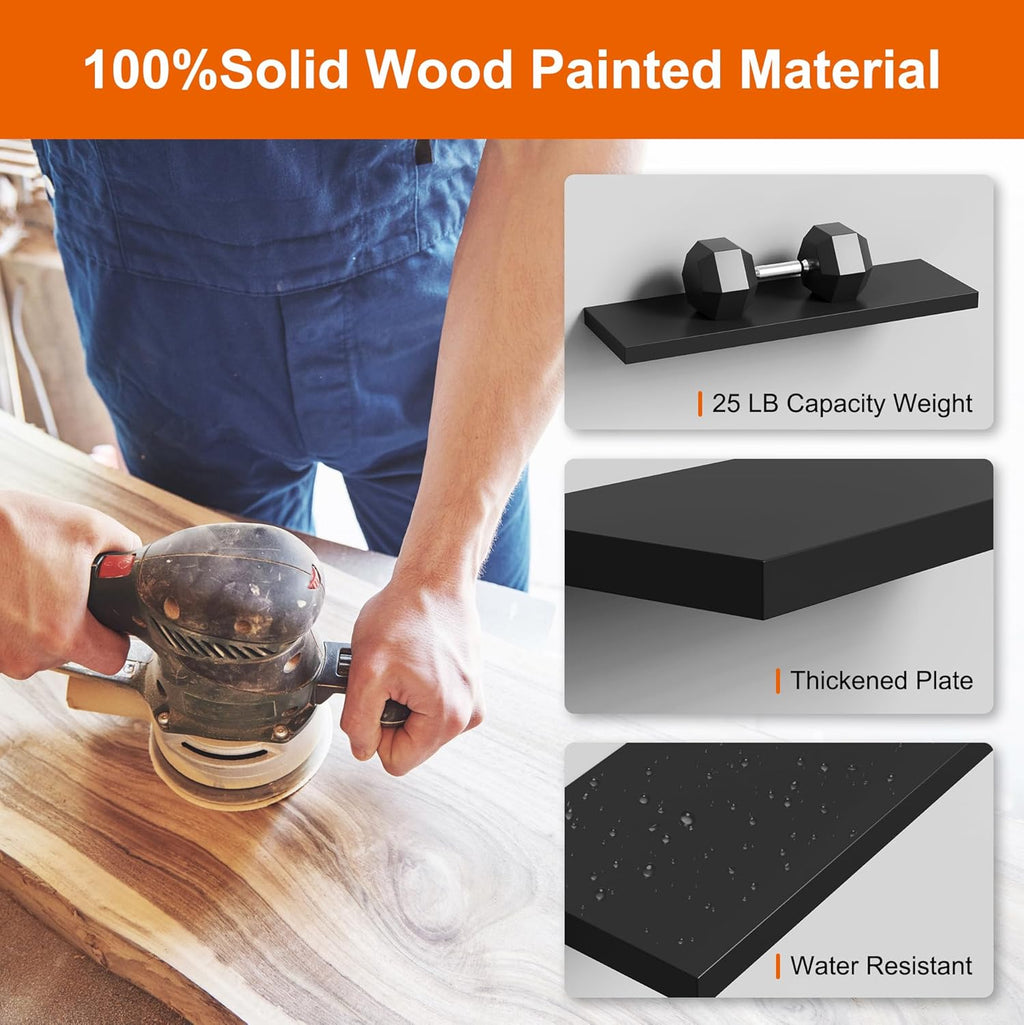 Floating Shelves - Black Wood Wall Shelf Set of 3, 24" Wall Mounted, Kitchen, Living Room, Bedroom, Bathroom Storage, Book Shelf, Frame Display