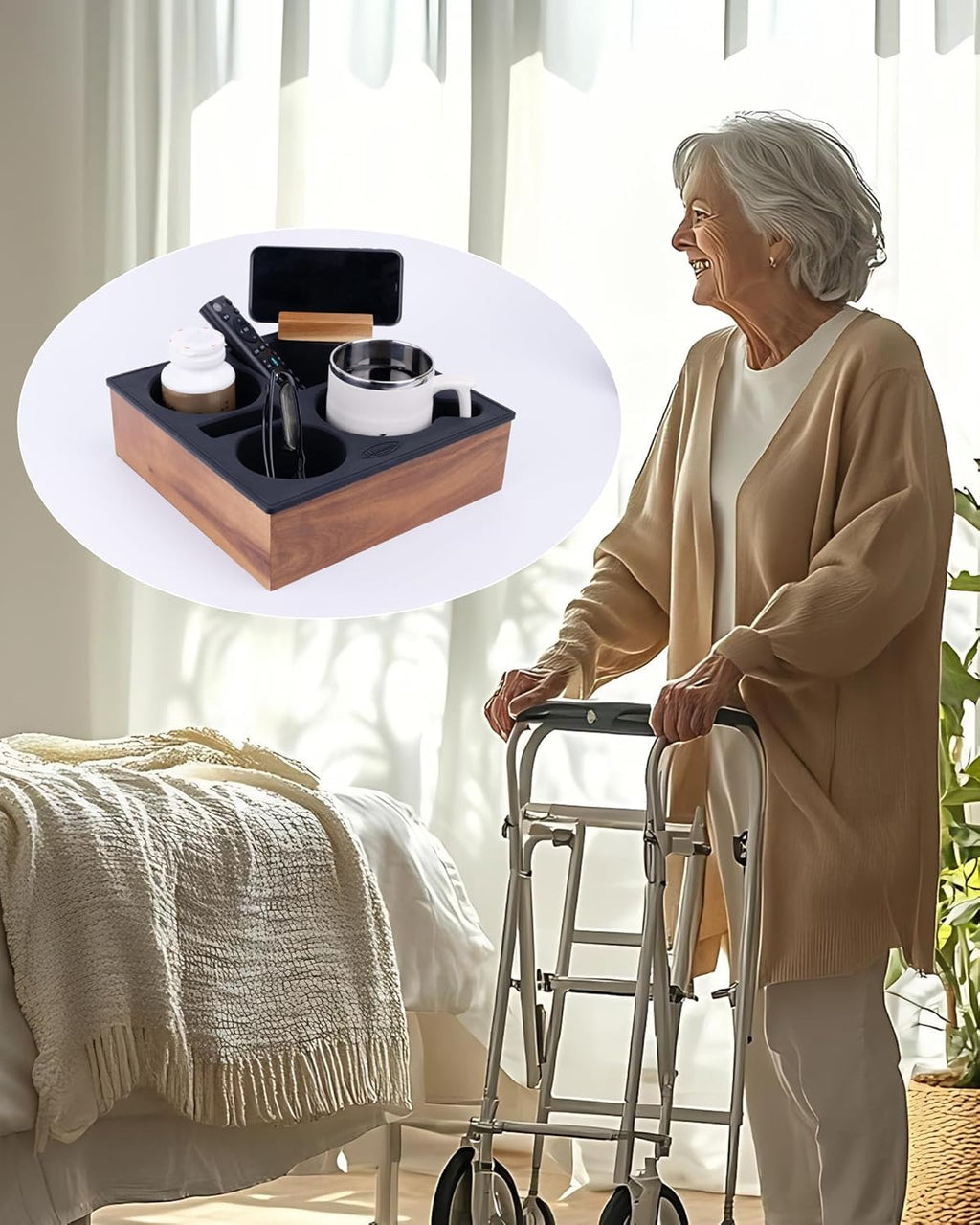 Couch Cup Holder Tray, Soft Food Grade Silicone Acacia Wooden Couch Caddy for Bed Car Seat Beach Organizer, Waterproof Anti-Spill Couch Drink Holder for Snacks Beverage Remote (Black)