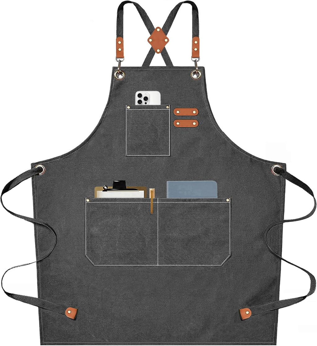 AFUN Chef Aprons for Men Women with Large Pockets, Cotton Canvas Cross Back Heavy Duty Adjustable Work Apron, Size M to XXL(Grey)