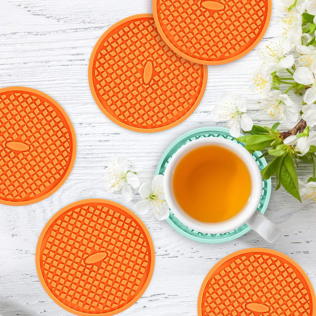 ME.FAN Silicone Coasters [6 Pack] Thickened Drink Coasters with Holder - Cup Mat - Non-Slip, Non-stick, Stay Put, Deep Tray - Prevents Furniture and Tabletop Damages(Orange)