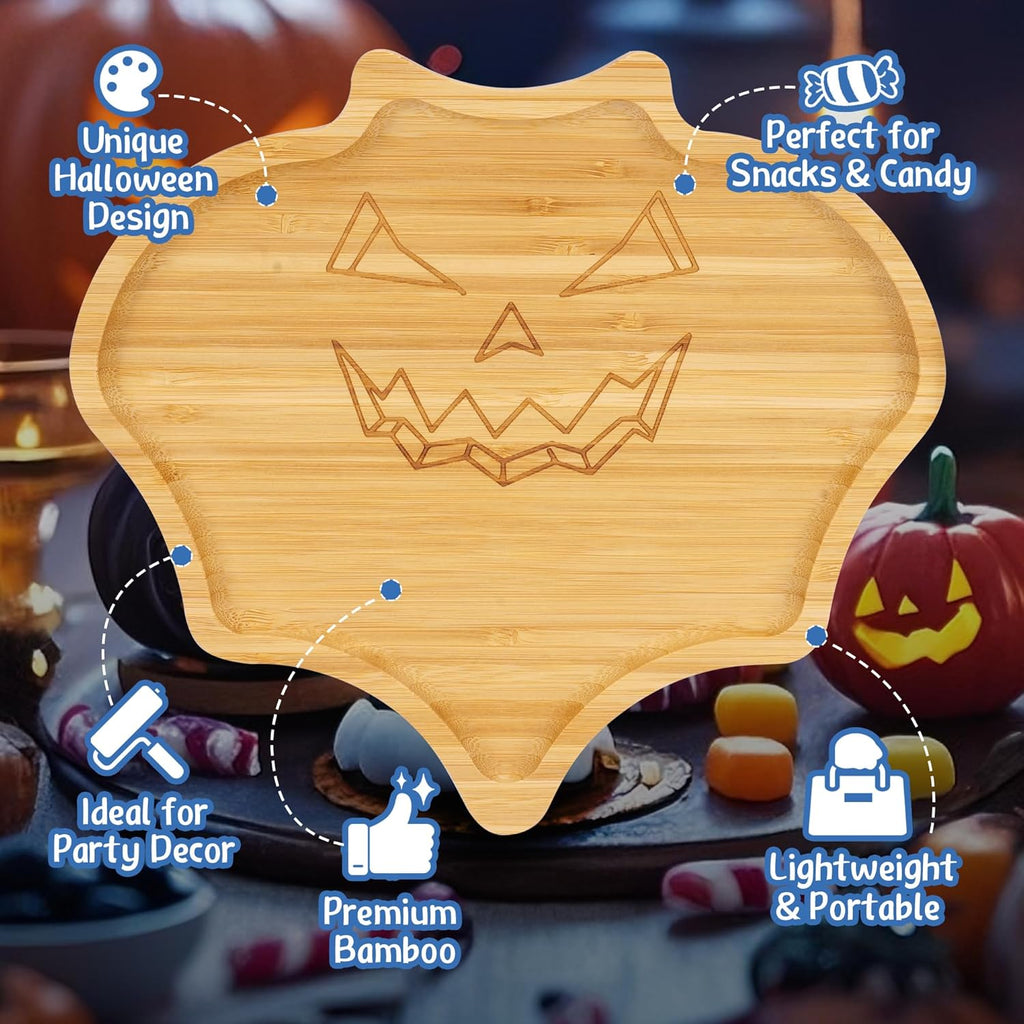 TJ POP Halloween Bat-Shaped Bamboo Serving Tray - 10"x9" Spooky Bat Snack Dessert Platter, Eco-Friendly Natural Wooden Charcuterie Board for Candy, Cookies, Appetizers, Party Decor & Festive Feasts