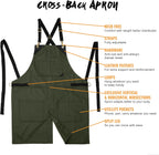 Under NY Sky Cross-Back Moss Green Apron – Durable Twill with Leather Reinforcement and Split-Leg – Adjustable for Men and Women – Pro Chef, Tattoo, Baker, Barista, Bartender, Stylist, Server Aprons