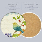 Coaster for Drinks Set of 6, Vintage Watercolor Bird Flower Absorbing Round Ceramic Stone Coaster with Cork Base,Tabletop Protection Mat for Mugs and Cups,Coffee Table Wine Glass Home Bar 4 Inch
