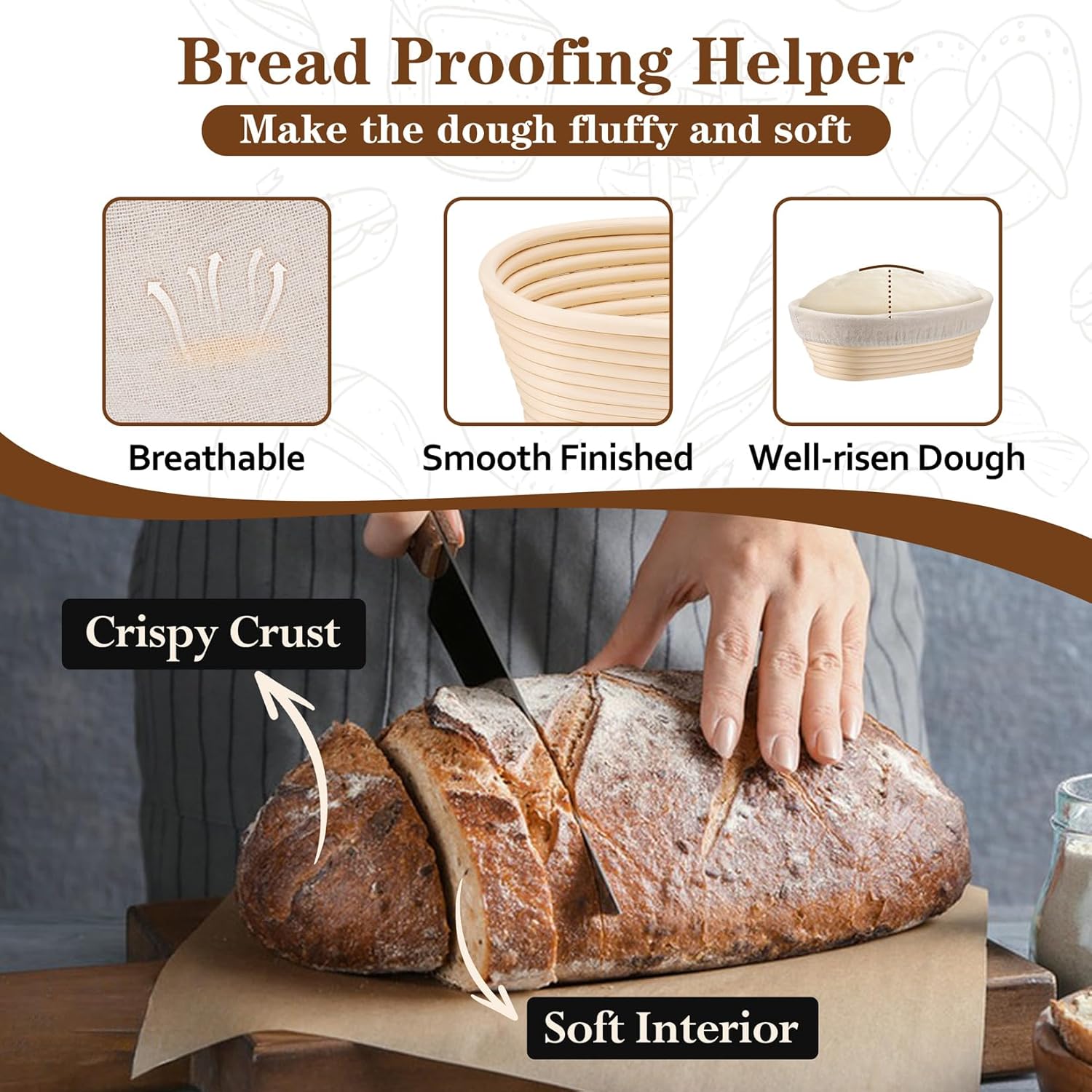 P&P CHEF Sourdough Bread Baking Supplies, 9” Round & 10” Oval Sourdough Proofing Baskets Starter Kit, Bread Making Tool Set with Cloth Liner Bread Lame Scraper Brush Dough Whisk