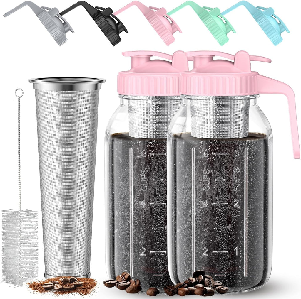 Cold Brew Coffee Maker Jar - 2 Pack 64 oz Glass Cold Brew Maker with Handle, Stainless Steel Filter & Leak-Proof Lid, Heavy Duty Cold Brew Pitcher for Iced Coffee, Sun Tea, and Milk
