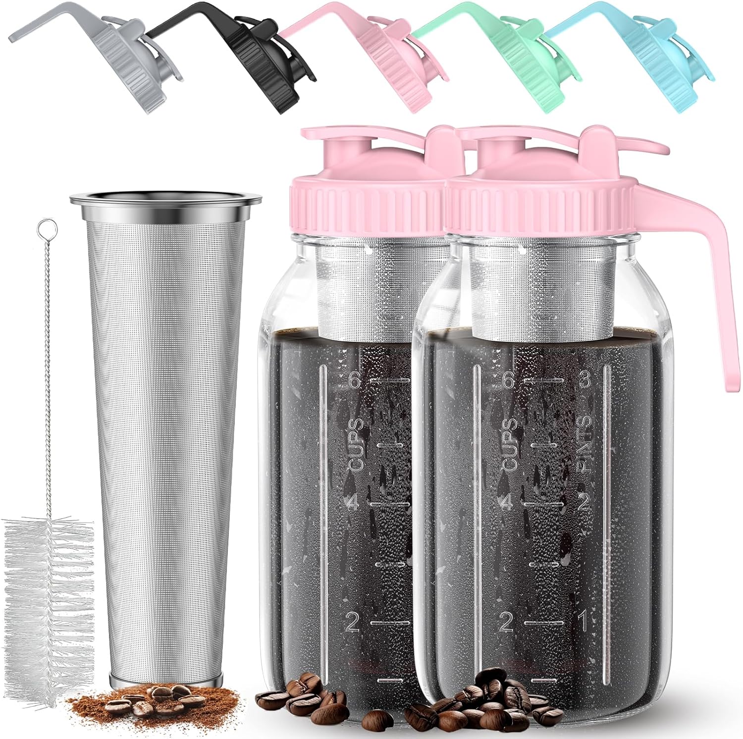 Cold Brew Coffee Maker Jar - 2 Pack 64 oz Glass Cold Brew Maker with Handle, Stainless Steel Filter & Leak-Proof Lid, Heavy Duty Cold Brew Pitcher for Iced Coffee, Sun Tea, and Milk