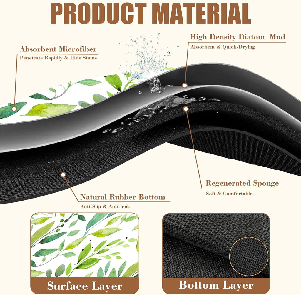 Dish Drying Mat Watercolor Green Leaves Coffee Bar Mat for Countertop Absorbent Hide Stain Rubber Backed Dish Drainer Rack Pad Espresso Machine Cafe Table Decor 15.7 x 23.6 Inch