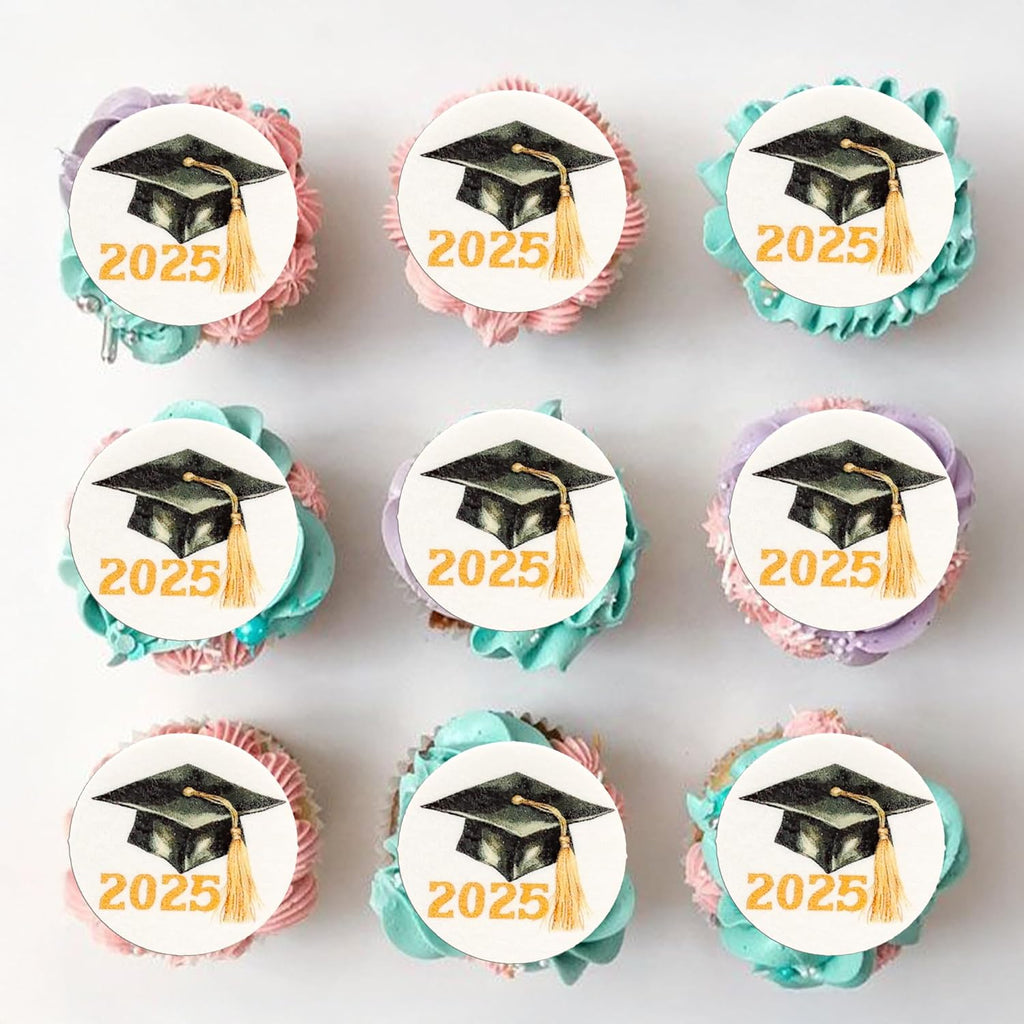 Gyufise 48Pcs Edible 2025 Graduation Cap Cupcake Toppers Wafer Paper Class of 2025 Grad Cap Cupcake Picks for 2025 Graduation Theme Party Cake Decorations Supplies Gold