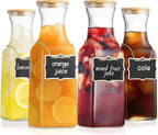 35 Oz Square Glass Carafe with Bamboo Lid, Beverage Dispensers,Mimosa Bar Supplies,Clear Glass Pitcher with Name Labels for Iced Tea,Coffee,Juice(Pack of 4)