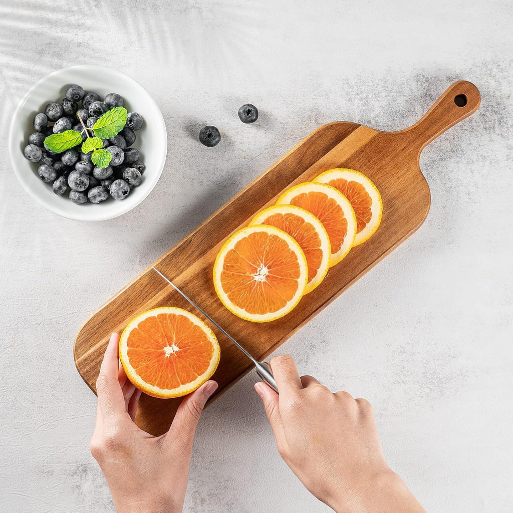 Wood Cutting Board with Handle, Long Acacia Serving Board Wooden Cheese Board Charcuterie Boards Wood Board for Food Bread Fruit 16.1x4.7x0.6 Inch