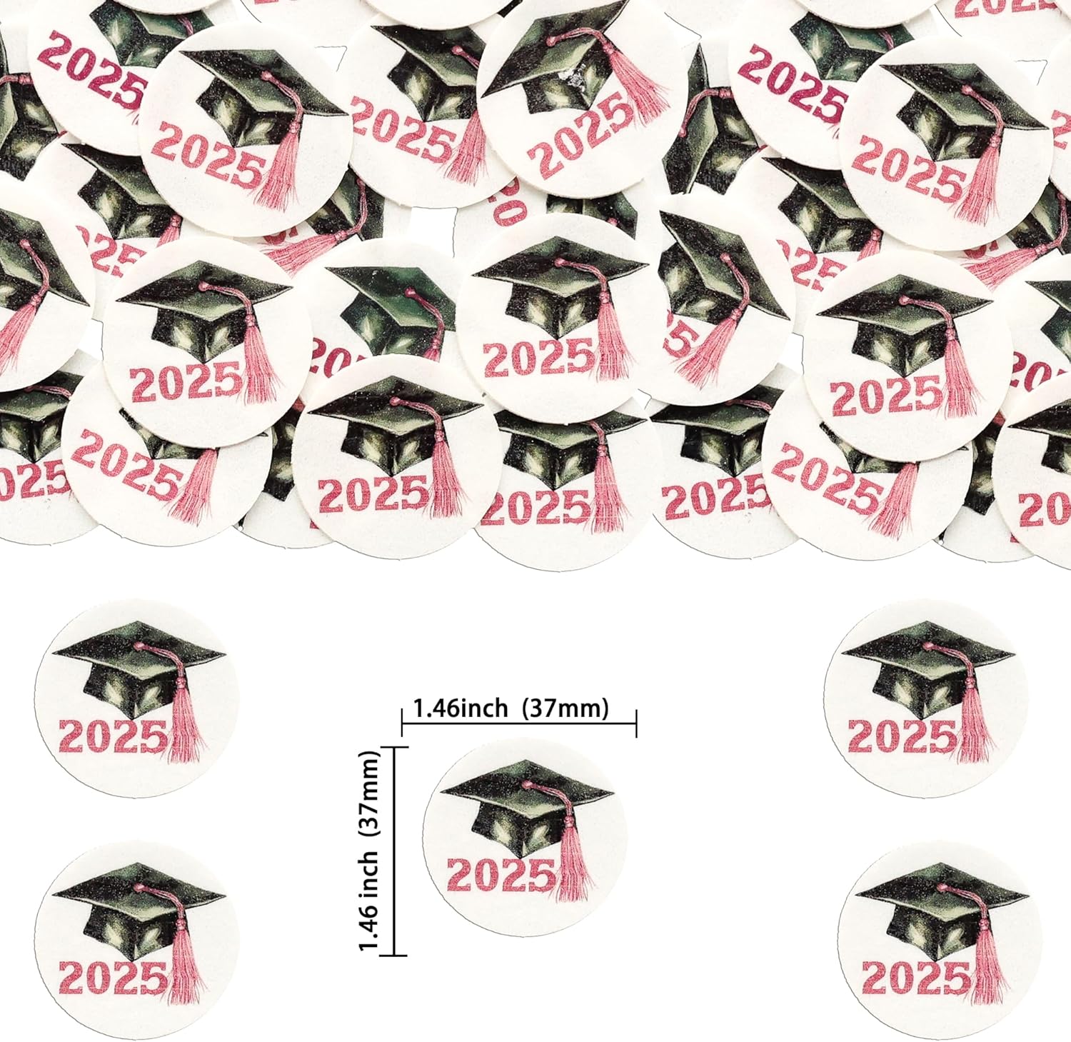 Gyufise 48Pcs Edible 2025 Graduation Cap Cupcake Toppers Wafer Paper Class of 2025 Grad Cap Cupcake Picks for 2025 Graduation Theme Party Cake Decorations Supplies Pink