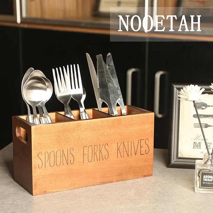 Silverware Holder, Acacia Wooden Small Utensil Caddy for Party , Silverware Organizer for Table Countertop, Wood Fork Spoon Knife Holder (Brown)