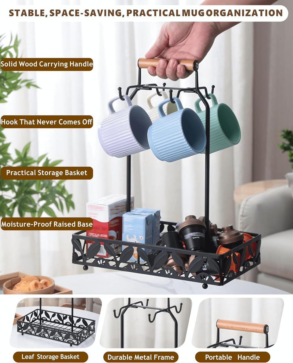 Coffee Mug Holder for Countertop, Mug Tree & Mug Rack with Storage Basket, 2-in-1 Organizer Holds 4 Large Mugs, Kitchen Cup Holder for Coffee Bar Accessories, Pods & Tea Bags, Black Metal with Handle