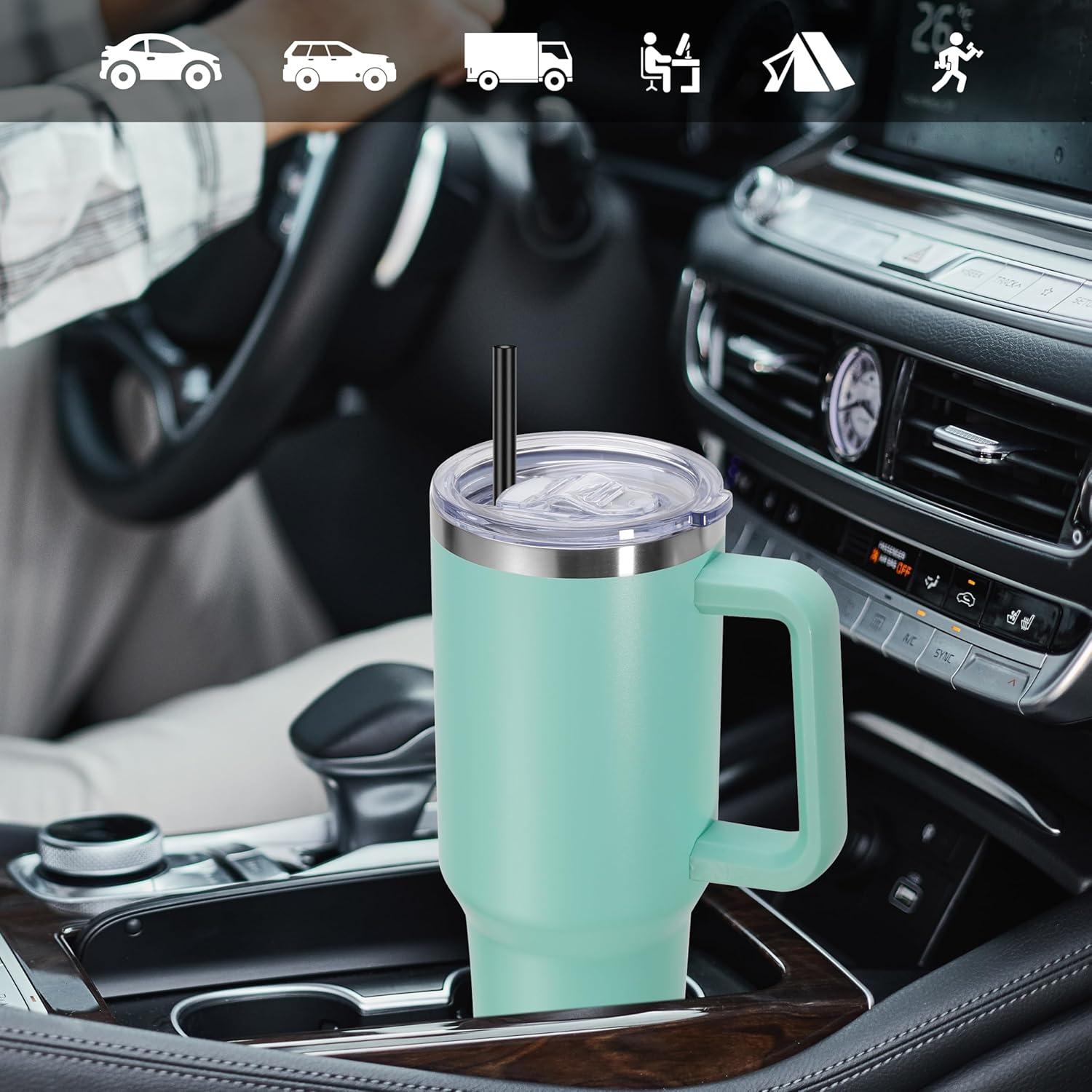 DOMICARE 40 oz Tumbler with Handle and Straw, Stainless Steel Tumbler with Lid and Straw, Reusable Vacuum Insulated Cup, Travel Coffee Mug, Mint Green, 4Pack