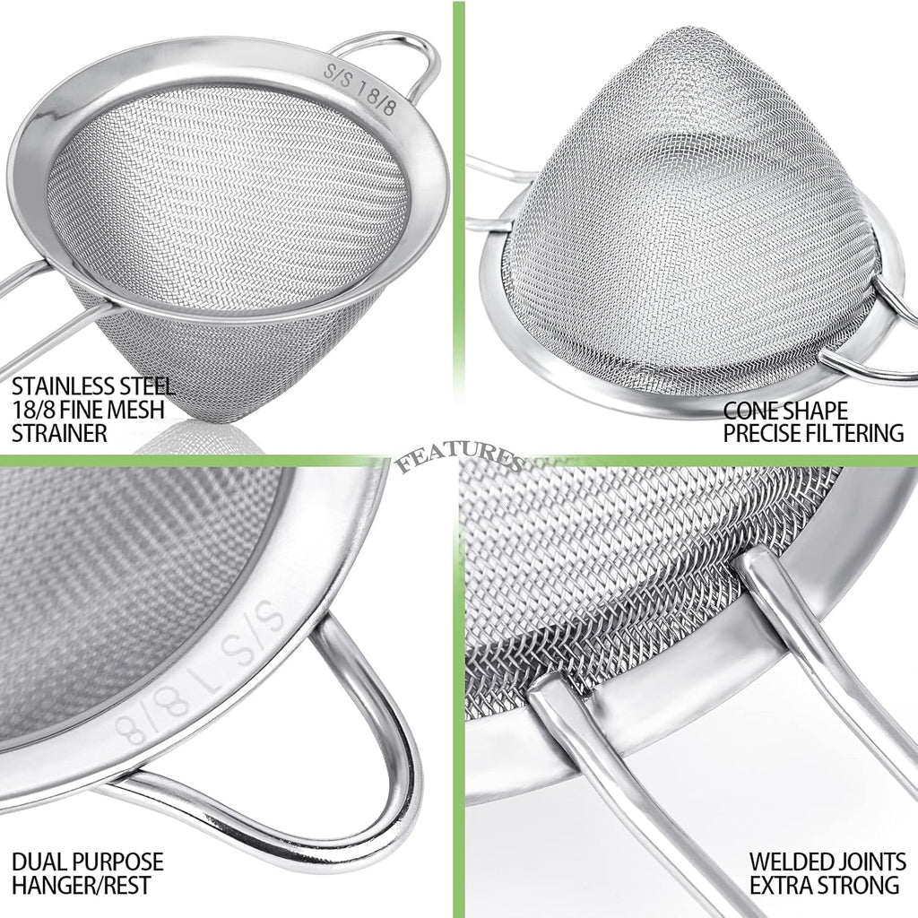 2 Pack Stainless Steel 18/8 Small Food Strainer, Fine Mesh Sieve with Long Handle, Cocktail Strainer For Cocktails, Tea Herbs, Coffee & Drinks, Rust Proof & Great as Tea Strainer, 3.5inch
