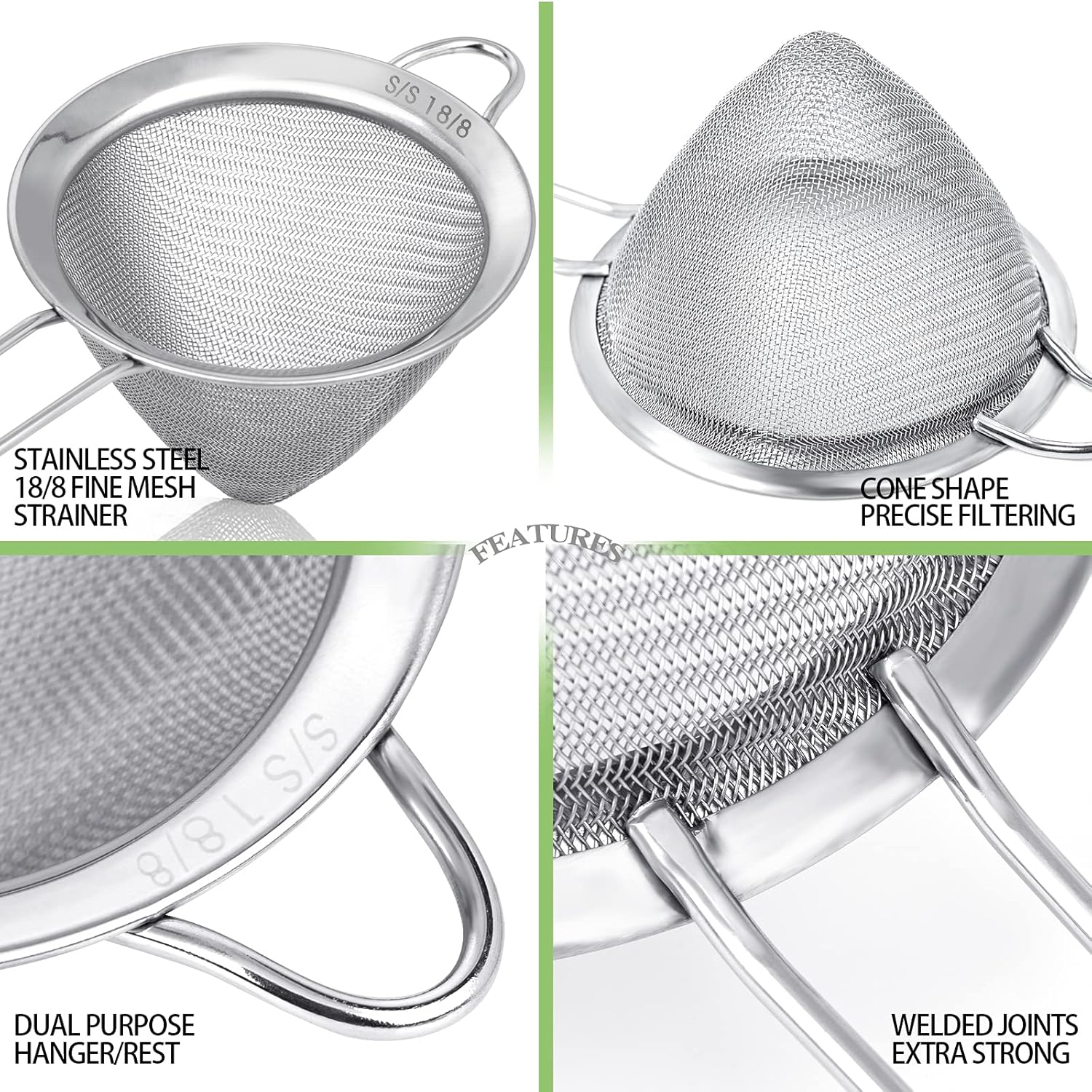2 Pack Stainless Steel 18/8 Small Food Strainer, Fine Mesh Sieve with Long Handle, Cocktail Strainer For Cocktails, Tea Herbs, Coffee & Drinks, Rust Proof & Great as Tea Strainer, 3.5inch