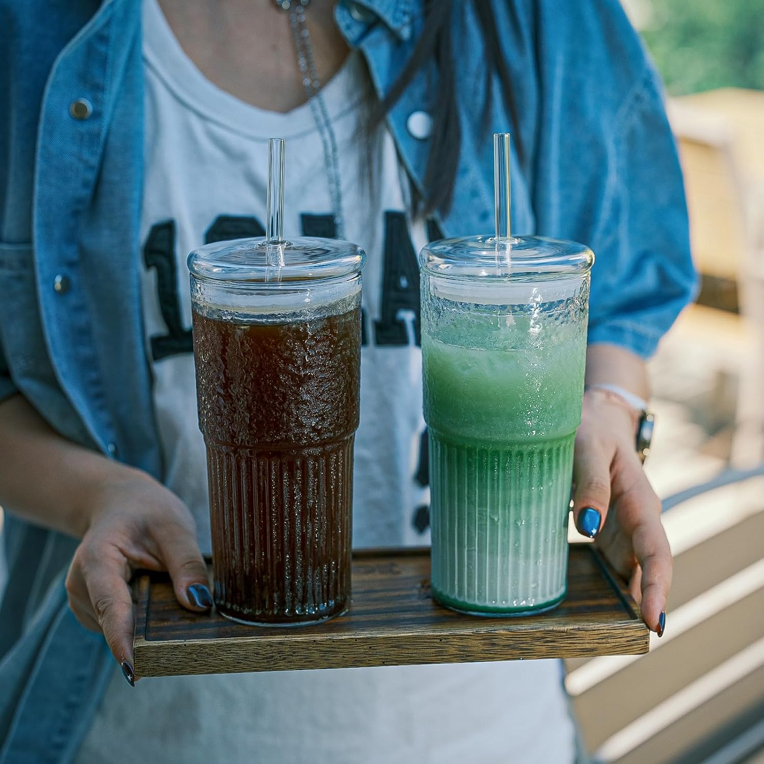 22oz Glass Tumblers with Glass Lids and Straws - Stylish Vintage Ribbed Design for Iced Coffee, Juice, Smoothies, Milkshakes, Cold Beverages & Whiskey Cocktail Beer (2pack-22OZ-Glass lid)