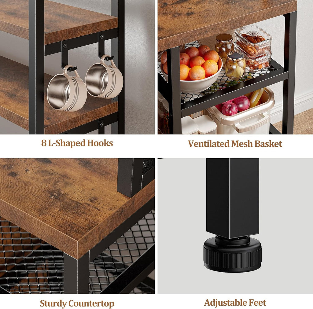 EnHomee Bakers Rack with Power Outlet, 6 Tier Microwave Stand, Coffee Bar Organizer with 8 L-Shaped Hooks, Kitchen Shelves with Storage, 14.1 x 30.1 x 63.1 Inches, Rustic Brown