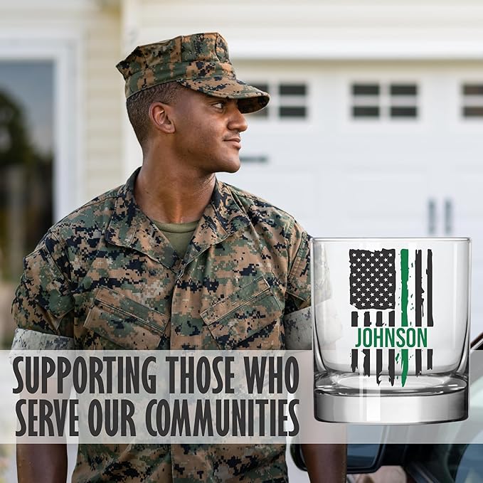 Blue Ridge Mountain Gifts - Thin Green Line Whiskey Glass - Personalized Military Gift, Border Patrol Appreciation, Green Line Merch, Veteran Gift, Custom Barware, Special Forces Glass