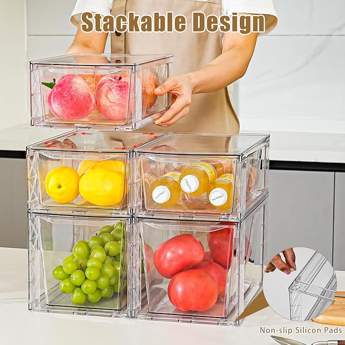 8Pack Stackable Kitchen Storage Organizer, Pantry Organizers and Storage, Clear Foods Organizer Bins with Handles, Easily Assemble for Bathroom, Kitchen, Pantry, Cabinet, Closet