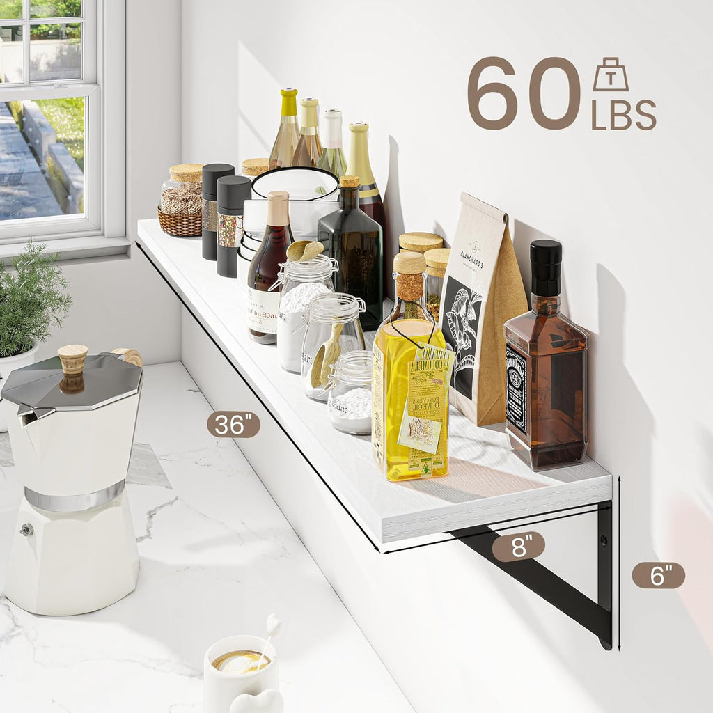 Dreamland White Floating Shelf 36 inch, 36W x 8D Wall Mounted Shelves Set of 2, Wide Display Ledge Shelf with Sturdy Metal Brackets for Living Room, Bathroom, Bedroom and Kitchen