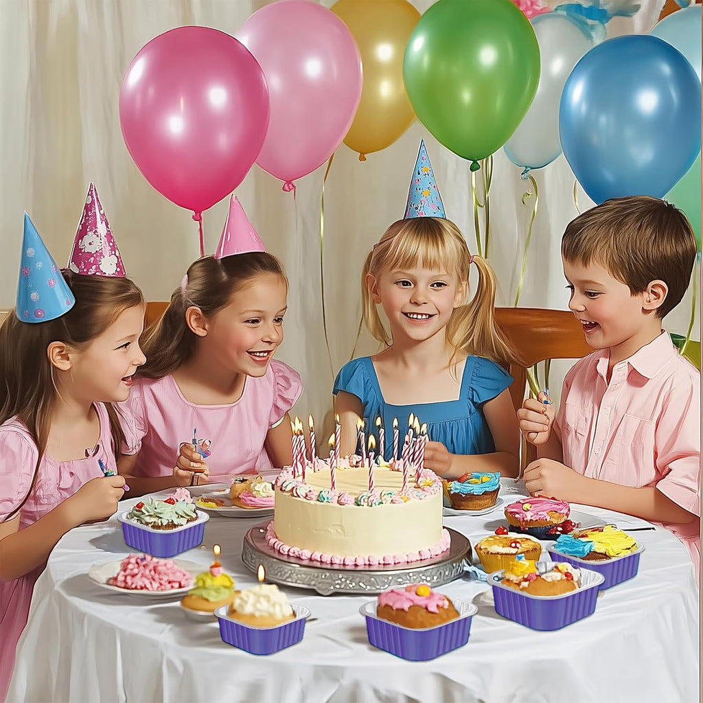 25 Pack Square Mini Cake Pans with Lids,Mini Loaf Pans with Lids,Aluminum Foil Baking Cups,Disposable Ramekins Cupcake Cups,Dessert Cups for Wedding Birthday Party Picnics,5oz (Purple)