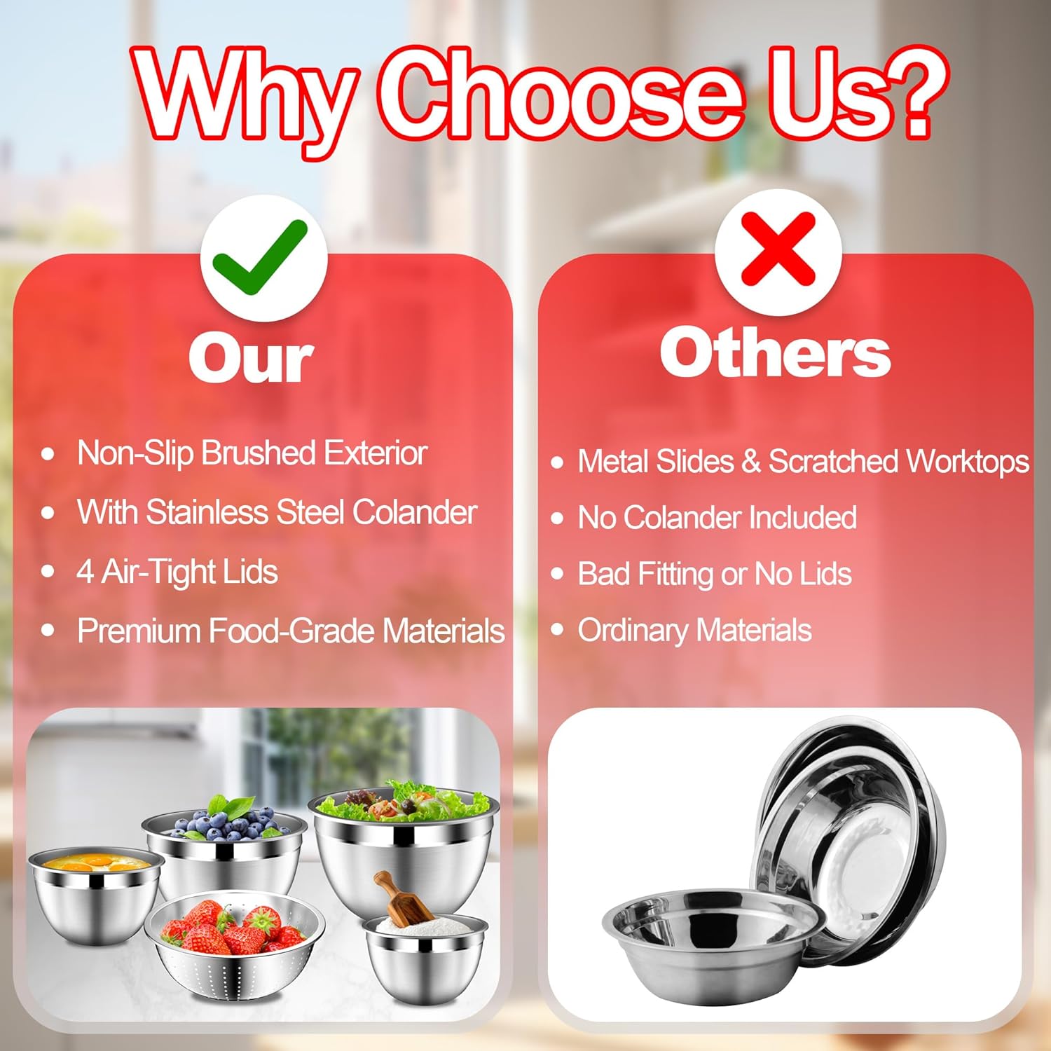 Mixing Bowls with Strainer, Mixing Bowl with Lids Set, Stainless Steel Mixing Bowls, Kitchen Gadgets 2025 Salad Bowls with Strainer for Mixing & Preping & Baking, Multicolor