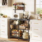 Huuger 31.5 Inch Bakers Rack with Power Outlets, Kitchen Microwave Stand with Storage, Coffee Bar with 4 Hooks, 3-Level Height Open Shelves, Grey