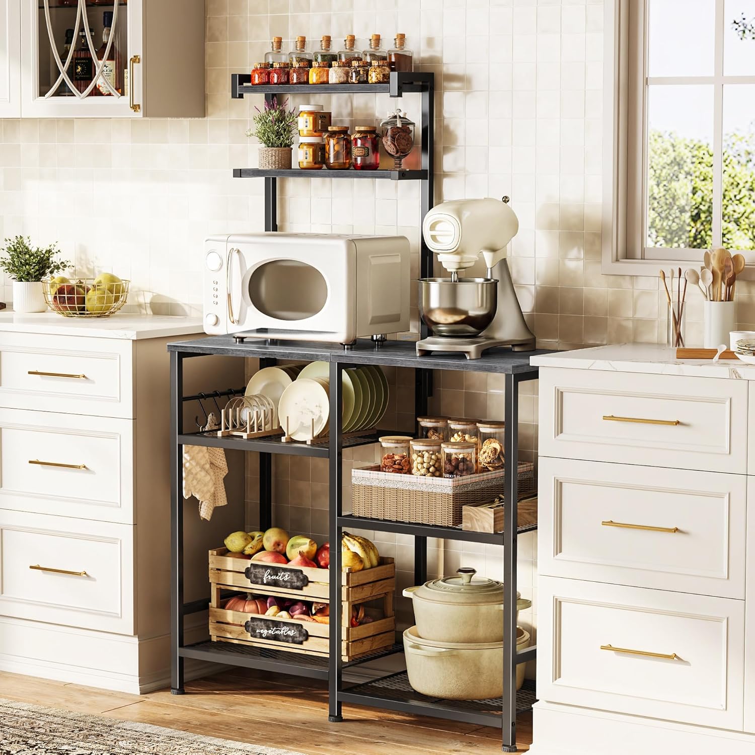 Huuger 31.5 Inch Bakers Rack with Power Outlets, Kitchen Microwave Stand with Storage, Coffee Bar with 4 Hooks, 3-Level Height Open Shelves, Grey