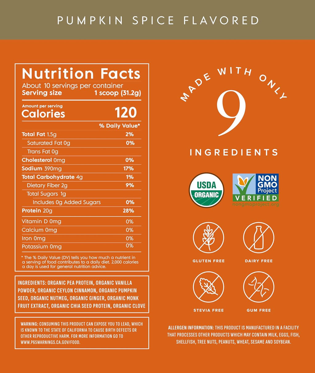 Truvani Vegan Pea Protein Powder | Pumpkin Spice | 20g Organic Plant Based Protein | 10 Servings | Keto | Gluten & Dairy Free | Low Carb | No Added Sugar