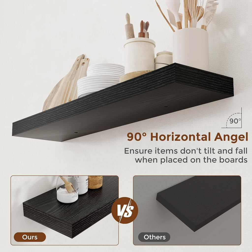 Heimlove 36 Inch Floating Shelves for Wall 8 Inch Deep Black Shelves Set of 2,Wall Mounted Rustic Wood Long Floating Shelf with Invisible Brackets for Bedroom Kitchen Living Room