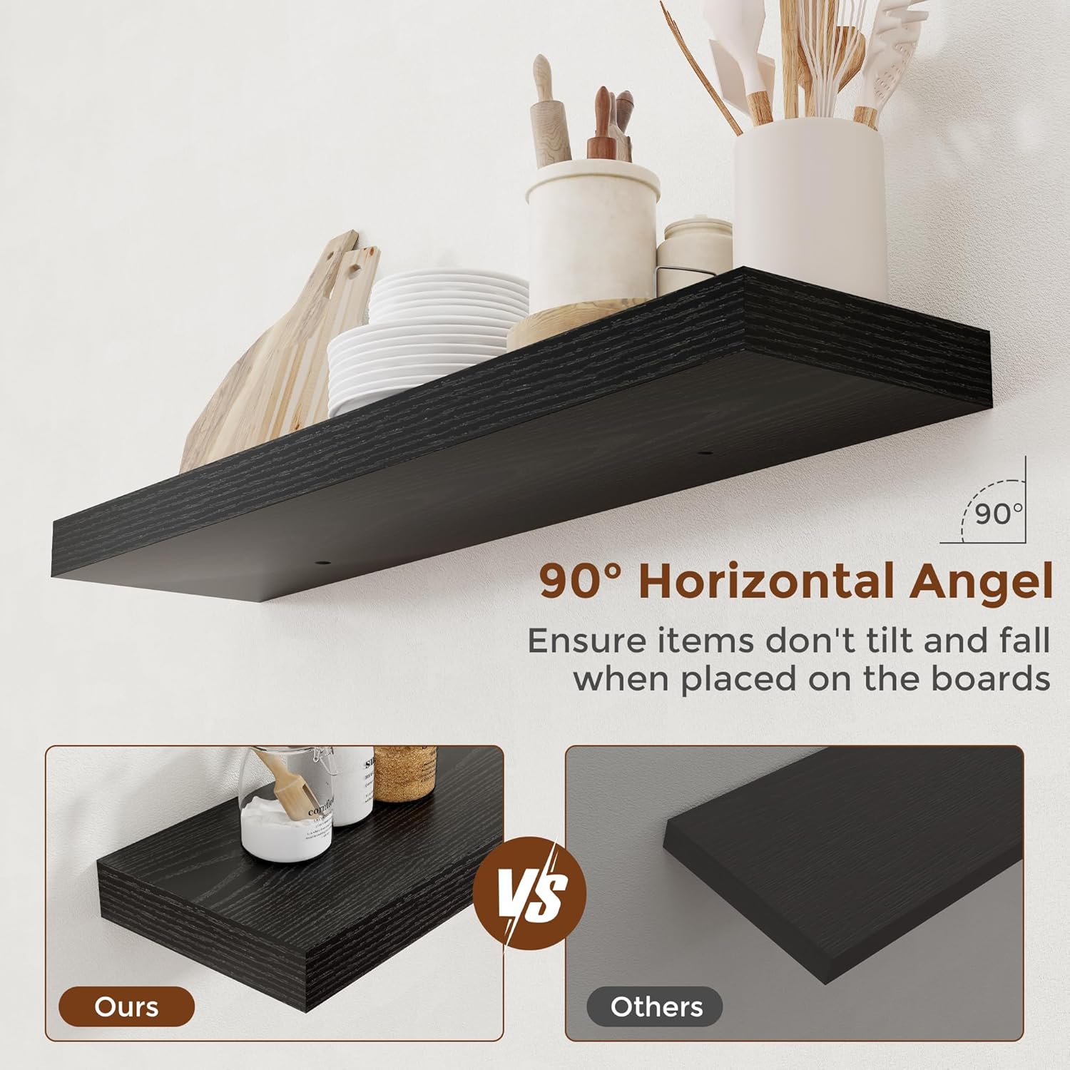 Heimlove 36 Inch Floating Shelves for Wall 8 Inch Deep Black Shelves Set of 2,Wall Mounted Rustic Wood Long Floating Shelf with Invisible Brackets for Bedroom Kitchen Living Room