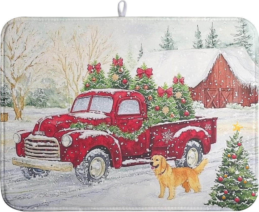 Christma Red Truck Dish Drying Mat Winter Dog Large Kitchen Mats Dish Drying Pad Xmas Tree Vintage Absorbent Dish Dryer Mat for Kitchen Countertops Microfiber Drainer Pad Dish Drying Mats (18x24 in)