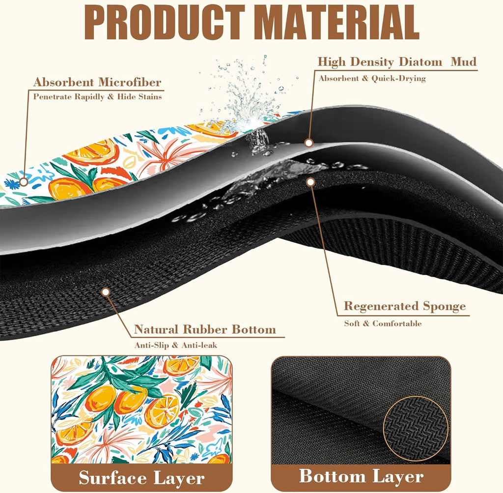 Dish Drying Mat Fruit Orange and Leaves Coffee Bar Mat for Countertop Absorbent Coffee Mat Rubber Backed Hide Stain Dish Drainer Rack Mat Coffee Maker Coffee Pot Dining Room Decor 11.8 x 19.7 Inch