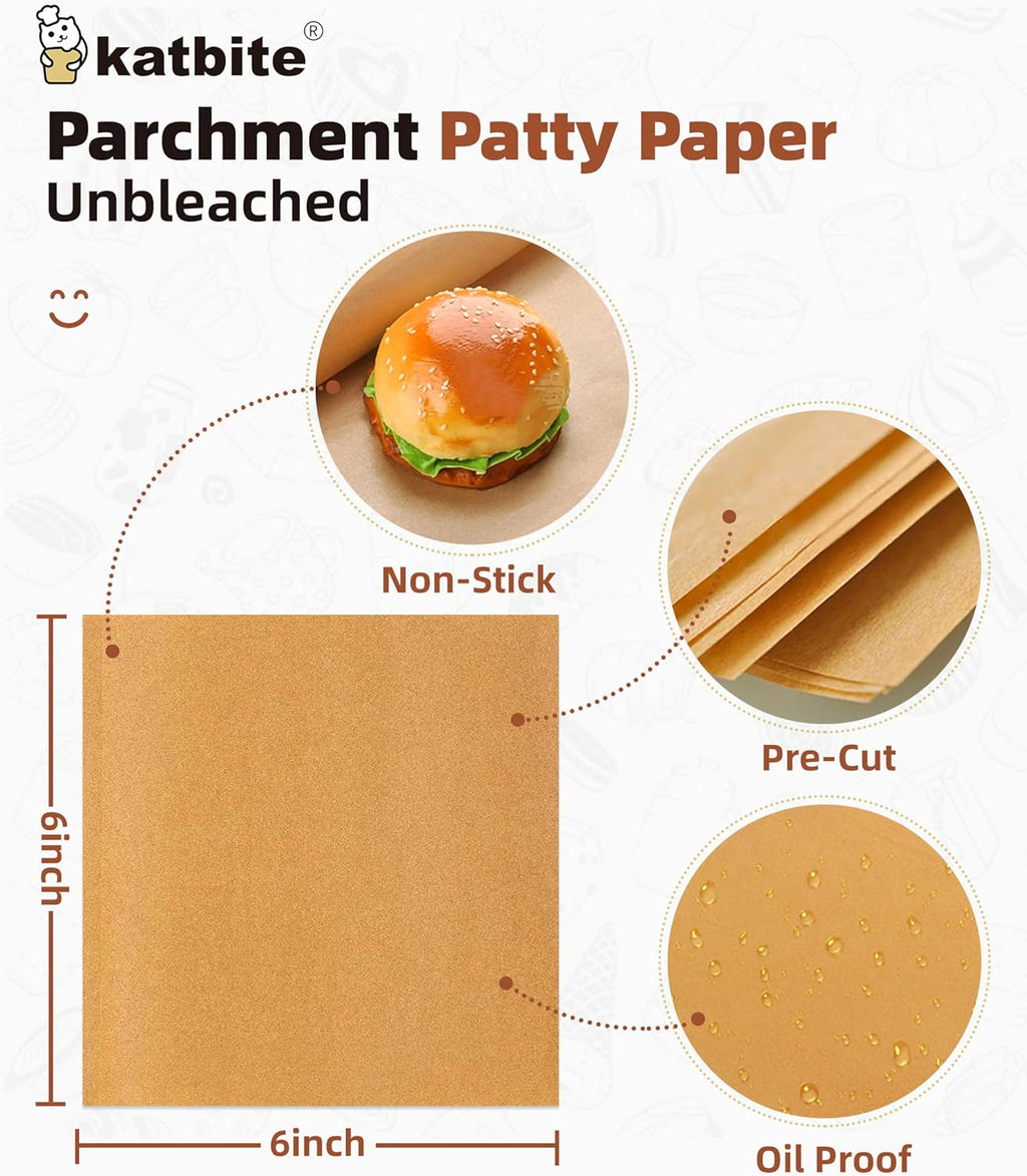 Katbite 300Pcs 6x6 Inches Patty Paper, Burger Patty Paper, Unbleached Parchment Sheets, Heavy Duty & Non-Stick, Squares for Seperating Patty, Cookies, Storing Foods Wrapping Candies