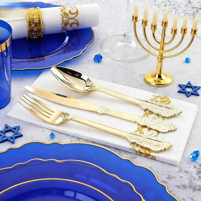 KIRE 210Pcs Blue Plastic Plates with Gold Rim& Disposable Plastic Silverware &Blue Cups&Hand Napkin- Baroque Clear Dinnerware for Hanukkah/Parties/Wedding