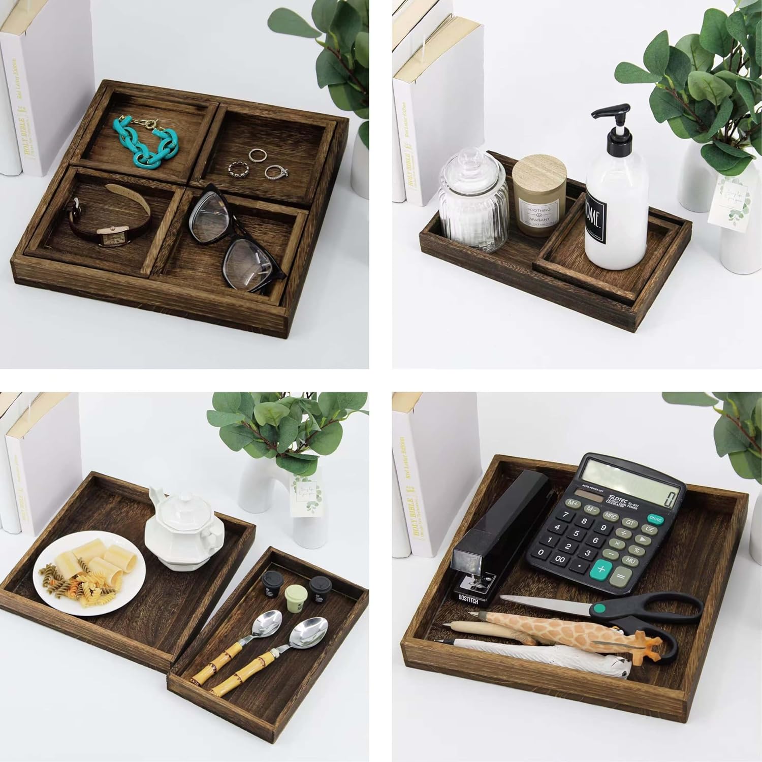 Rustic Wooden Serving Trays with Handle, Serving Platters, Charcuterie Board Set of 3 Nesting Food Trays for Serving Food, Home Decor/Breakfast/Coffee Table/Butler/Ottoman/Bed Tray