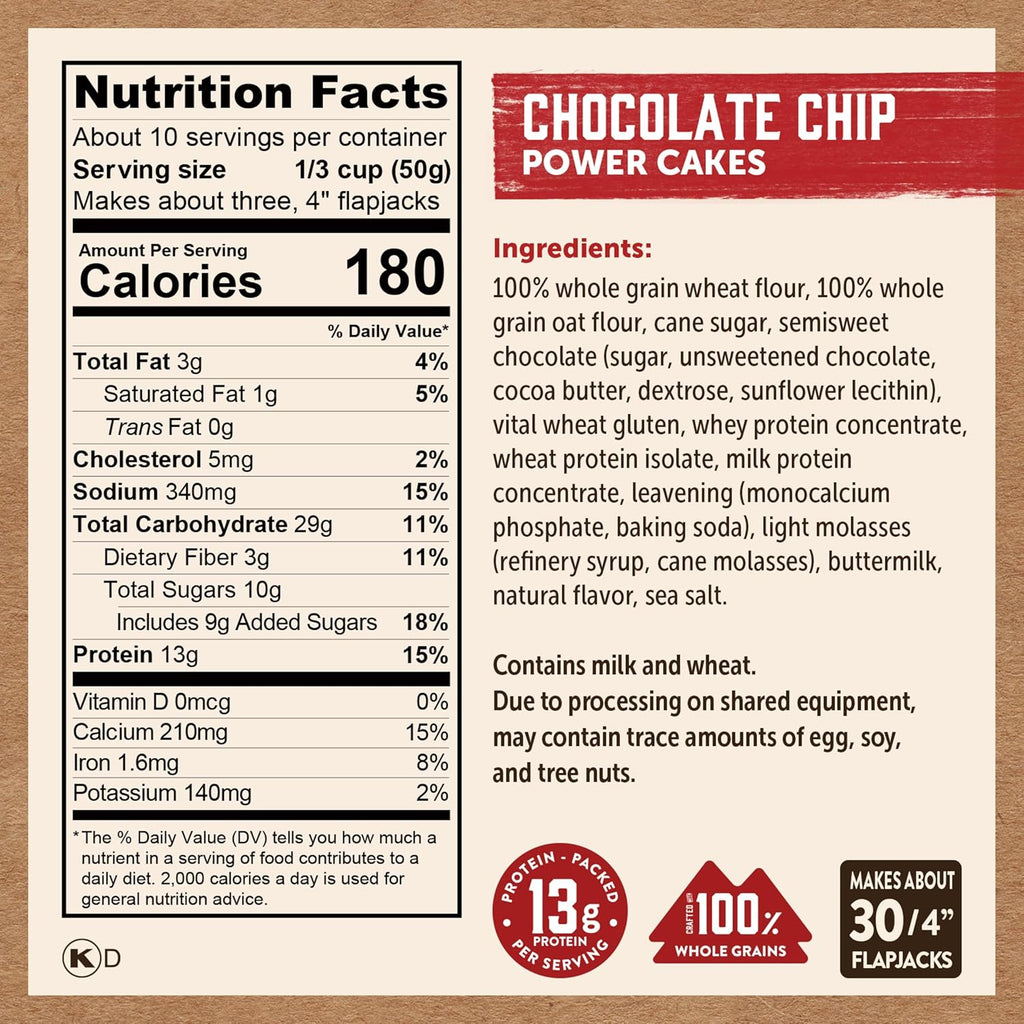 Kodiak Cakes Power Cakes, Pancake & Waffle Mix, Chocolate Chip, High Protein,100% Whole Grains (Pack of 6)