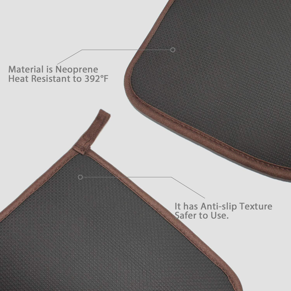 Cotton and Neoprene Oven Pads Pot Holders with Pocket 8"x8.5" Dual-Function Hot Pad Set for Finger Hand Wrist Protection Heat Resistant to 428°F Brown