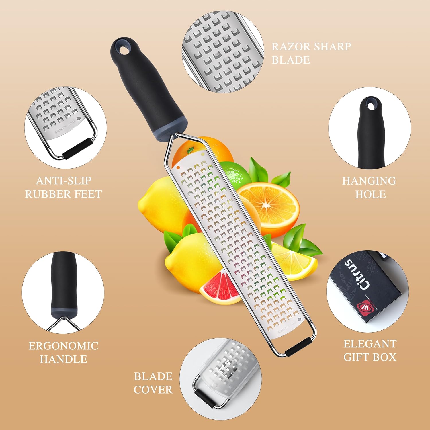 ALLWIN-HOUSEWARE Cheese Grater Zester Set of 5, 304 Stainless Steel with TPE Handle Kitchen Grater & Peeler & Slicer for Cheese, Lemon, Ginger, Garlic, Nutmeg, Fruits, Vegetables, Chocolate