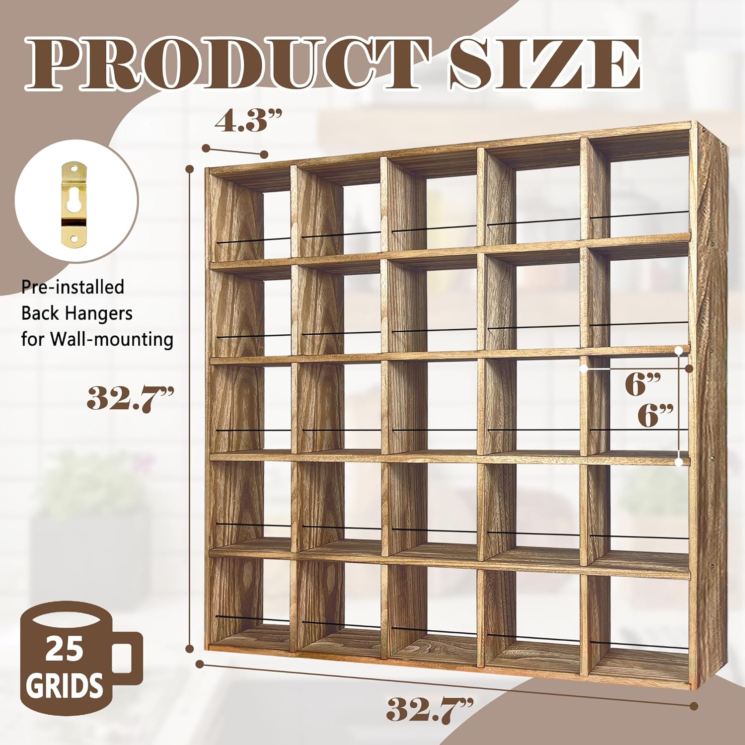 Montex Coffee Mug Holder, Mug Rack Wall Mounted, 3 Tier Coffee Mug Shelf, Rustic Coffee Mug Display Rack for Kitchen, Home, Coffee Bar(25 Grids)