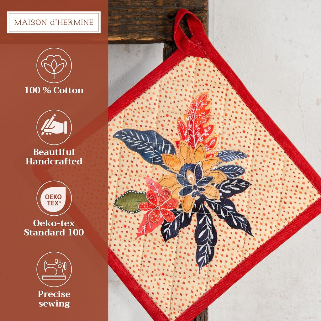 Maison d' Hermine Pot Holders Set 100% Cotton Heat Resistant Potholders 8" x 8" Hot Pads with Loop BBQ, Cooking, Baking, Grilling, Kitchen, Handling Hot Pans (Pack of 2, Kalahari)