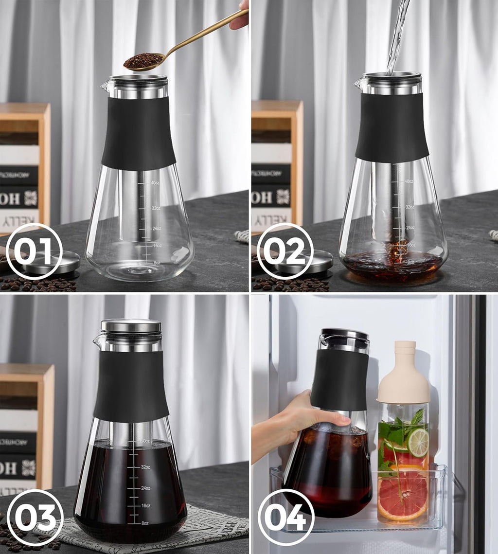 AGOGO Cold Brew Iced Coffee Makers with Metal Filters Silicone Non-slip Grip Carafe 1600ml