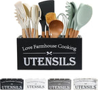 Kitchen Utensil Holder,Farmhouse Wooden Utensil Holder For Kitchen Counter,Large Cooking Spatula Organizer,Big Storage With 3 Compartments Flatware Spoon Tool Cutlery（Black）