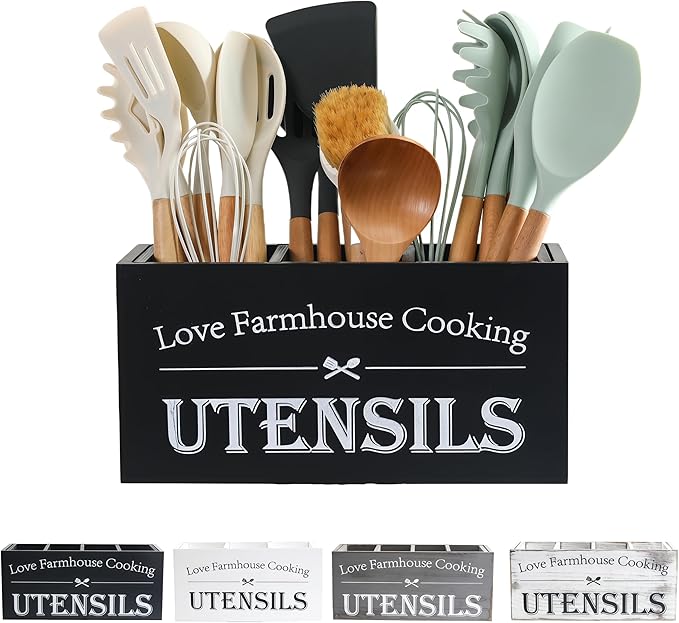Kitchen Utensil Holder,Farmhouse Wooden Utensil Holder For Kitchen Counter,Large Cooking Spatula Organizer,Big Storage With 3 Compartments Flatware Spoon Tool Cutlery（Black）
